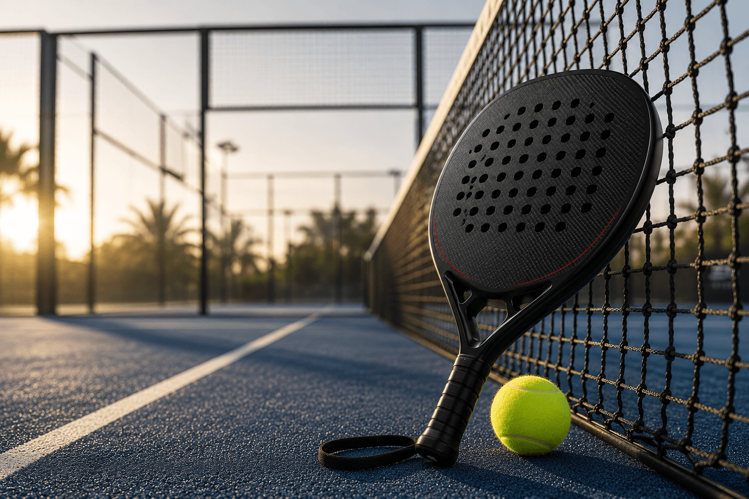 A SIAL Athletics padel racket leaning against the net on an outdoor court at sunset