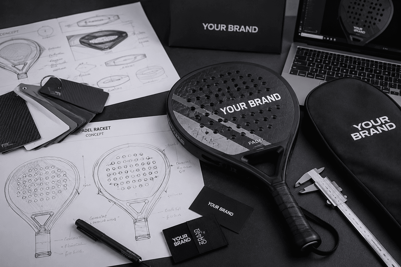 Padel and pickleball equipment representing a brand product line