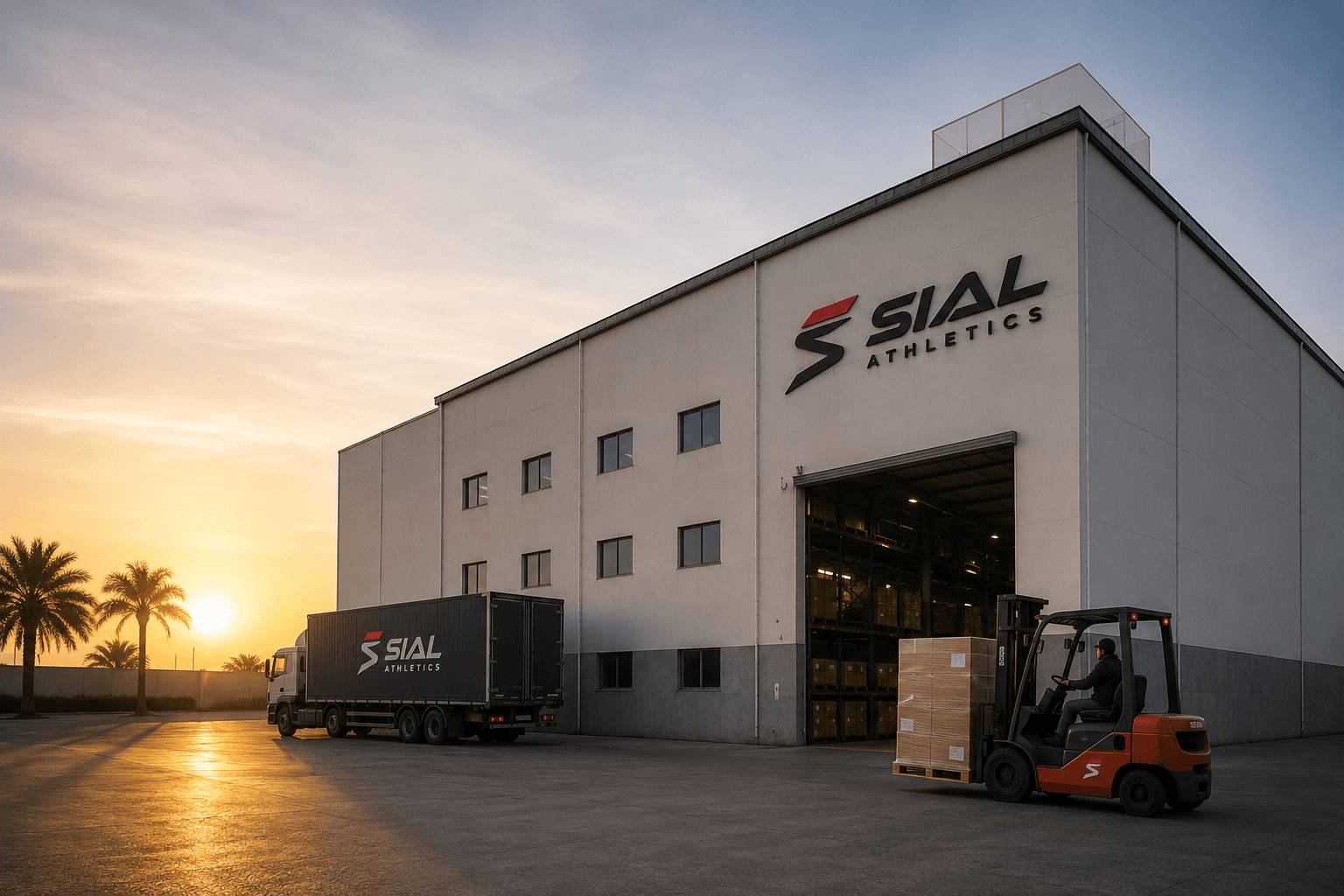 SIAL Athletics factory exterior at sunset, with a branded delivery truck and forklift loading cargo