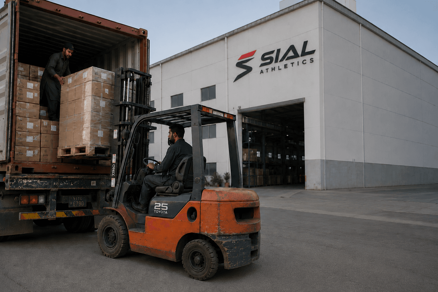 Forklift loading export cartons at the SIAL Athletics facility