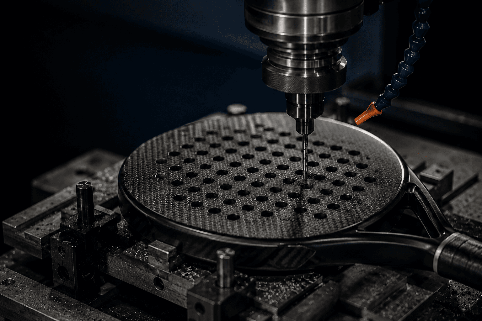 Precision drilling machine boring the face of a padel racket